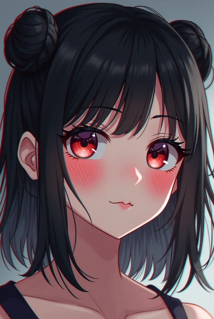 woman, chubbby, black hair, hair bobbles, wince, longeyelashes, solid circle eyes, light smile, ear blush, fang, ccurate, drop shadow, anaglyph, stereogram, tachi-e, pov, atmospheric perspective, 8k, super detail, best quality