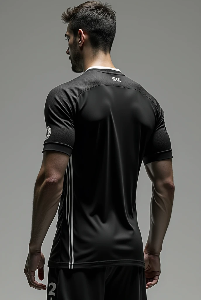 Make me a sports soccer jersey that can be seen from all angles from back to front and even from the side. The jersey has to be black and white and be sporty and at the same time elegant, with more black than white.