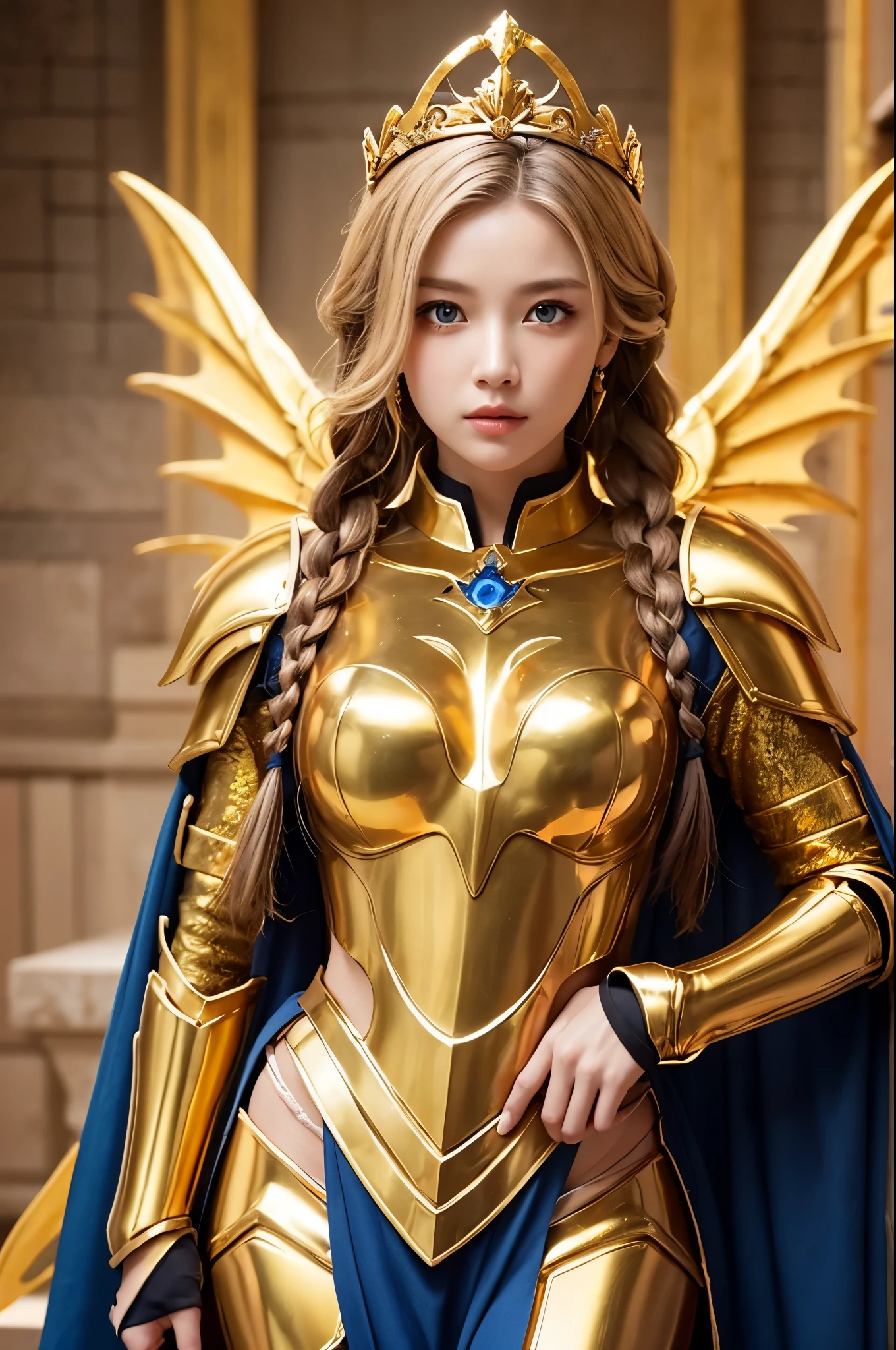 Ultra HD、Ultra-clear、Beautiful Face、Covered entirely in golden armor、Holy warrior in golden armor、Golden Wings、Golden Tiara、Golden armor covered in sculptures、Dragon-inspired armor、Heavy golden armor、blue eyes、Blonde、Braided Hair、Big Breasts、beautiful sword、Outer space background、