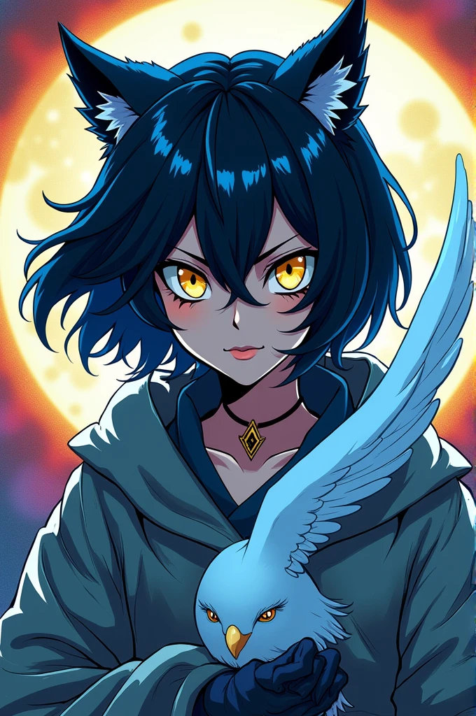 Demon Slayer anime style comic book character with: navy blue hair,short wolf cut style, yellow eyes,cool skin tone and his breathing is like an owl 