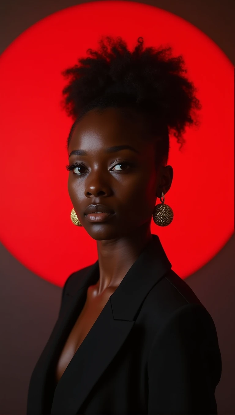 1girl, epiCRealism, Cinematic still, (((striking facial features))), Charming African-American Woman, (((black woman))), (((Neutral face))), (((Undercut hair))), (((very dark skin))), (((busty black womans))), (((boxum girl))), (((big tits pressed together))), (((Afro hair ))), makeup, (((wearing Blazer))), (((wearing Pencil skirt))), (((Tao Splash earrings gold))), (((focus on face))), good white balance, (two cinematic sources of light in opposite directions), (two volumetric sources of light in opposite directions), (natural shading), (((dans un espace vide avec une sphère rouge en arrière-plan))), (((photo en noir et blanc avec seulement la sphère rouge en couleur))), shot on Hasselblad X2D 100C, 80mm lens, depth of field, bokeh, film grain, vivid color, female poses, expressive female portrait, (((Full body shot)))
