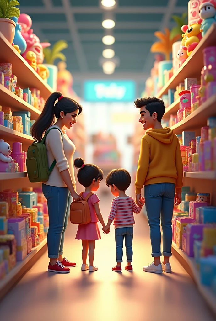 Hispanic parents at a children store shopping with her family
