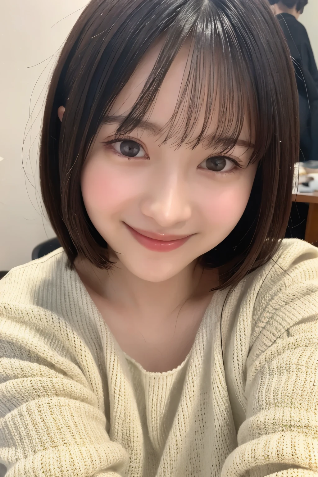 (Highest quality、Tabletop、8k、Best image quality、Award-winning works)、20-year-old woman、(Selfie:1.2)、Large Breasts、The most elegant and graceful woman、Smiling Kindly、Very elegant knitted sweater、(The simplest cream color background:1.5)、(Face close-up:1.2)、Accurate anatomy、(Super bright and radiant skin:1.2)