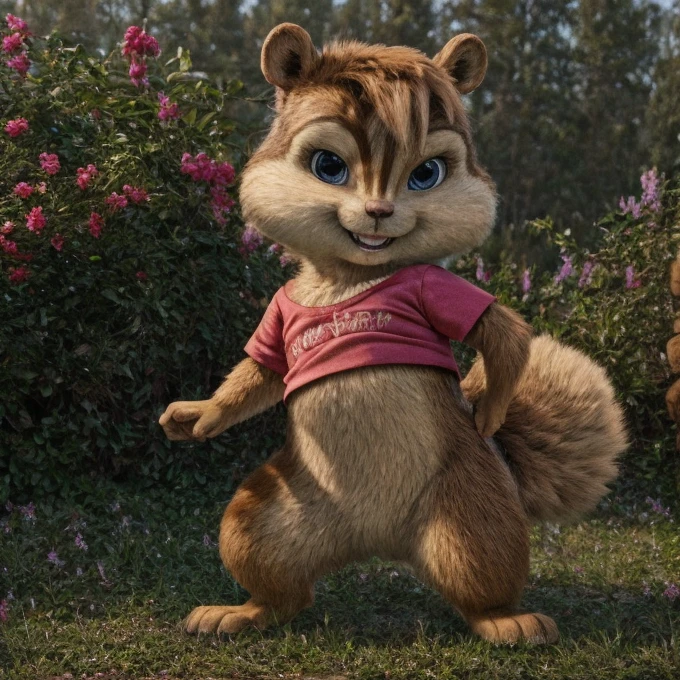 Brittany_Miller, solo, chipmunk, furry, cub, (slightly chubby:0.5), cute, (small ears), (short snout), pigtails, wearing cute pink Short T-Shirt, looking at viewer, outdoors, masterpiece, detailed background, Digitigrade, Detailed fur, perfect teeth, ??????????, No pantis, subtile smile,