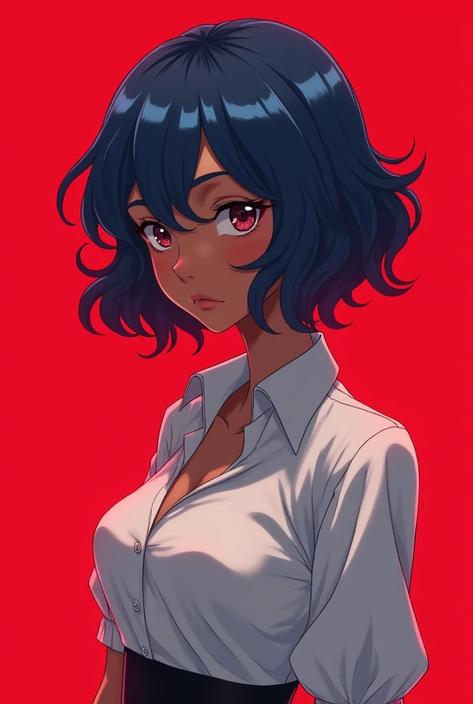 Teenage black girl with short wavy hair color blue hair and white somewhat tight elegant shirt and irritated expression with red background color and slim and high small waist body structure with upturned nose. anime style