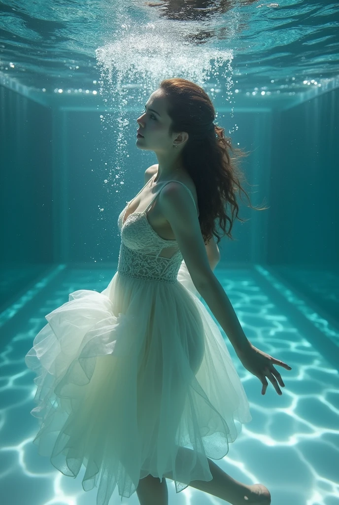 Water contamination : in winter, The buildup of contaminants such as salts and chemicals in water due to melting ice can affect water quality and aquatic ecosystems.. create a person posing underwater vertically posing with a delicate dress