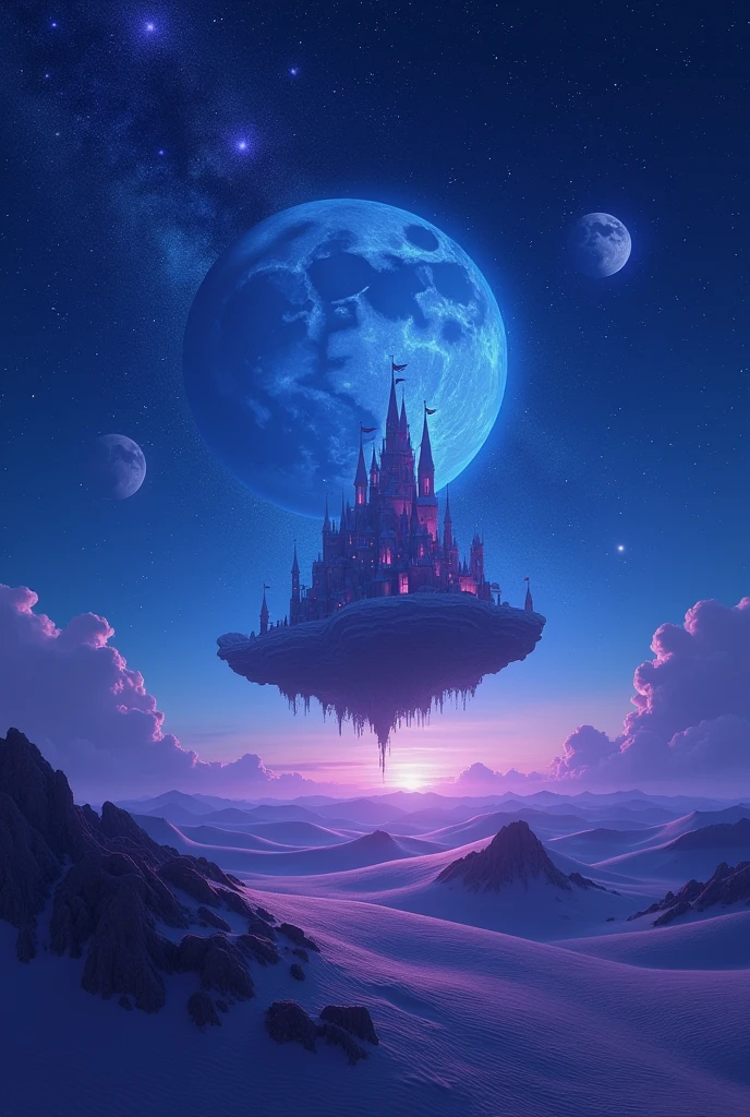 desert space moons blue purple floating castle sailing boats stars