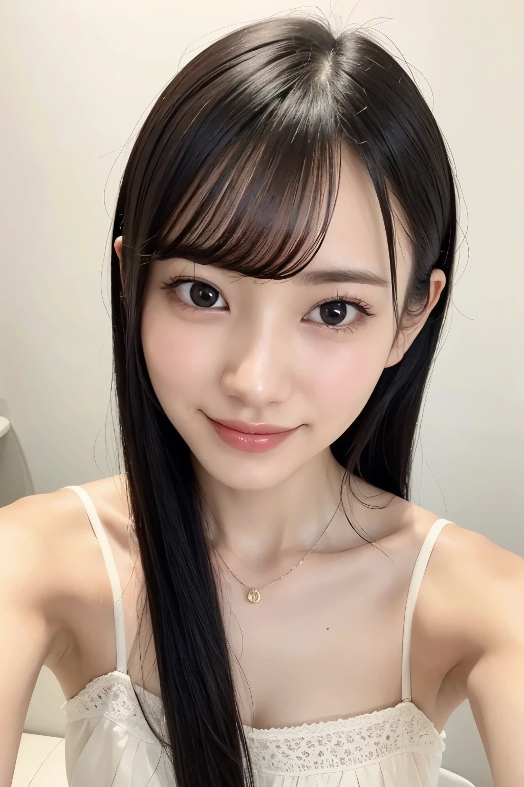 (Highest quality、Tabletop、8k、Best image quality、Award-winning works)、20-year-old woman、(Selfie:1.2)、Large Breasts、The most elegant and graceful woman、Smiling Kindly、Very elegant outfit、(The simplest cream color background:1.5)、(Face close-up:1.2)、Accurate anatomy、(Super bright and radiant skin:1.2)