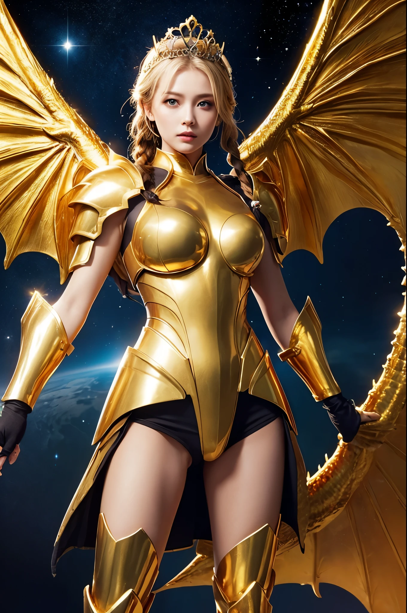 Ultra HD、Ultra-clear、Beautiful Face、Covered entirely in golden armor、Holy warrior in golden armor、Golden Wings、Golden Tiara、Golden armor covered in sculptures、Dragon-inspired armor、Heavy golden armor、blue eyes、Blonde、Braided Hair、、beautiful sword、Outer space background、