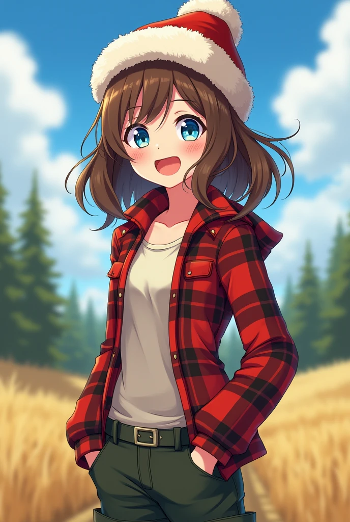 A young, slender girl, around 18 years old, with an open and friendly expression. She wears dark boots and dark military pants, giving her a slightly casual but confident look. She's dressed in an unbuttoned checkered shirt, underneath which she has a light-colored t-shirt. Her fluffy brown hair is slightly tousled, falling on her shoulders and peeking out from under a ushanka hat, adding a playful touch to her appearance. Her bright blue eyes sparkle with joy and optimism, reflecting her cheerful nature and inner strength. In the ushanka, she looks stylish and cozy in her own way, as if ready for any adventure that life in the countryside might bring. In anime style