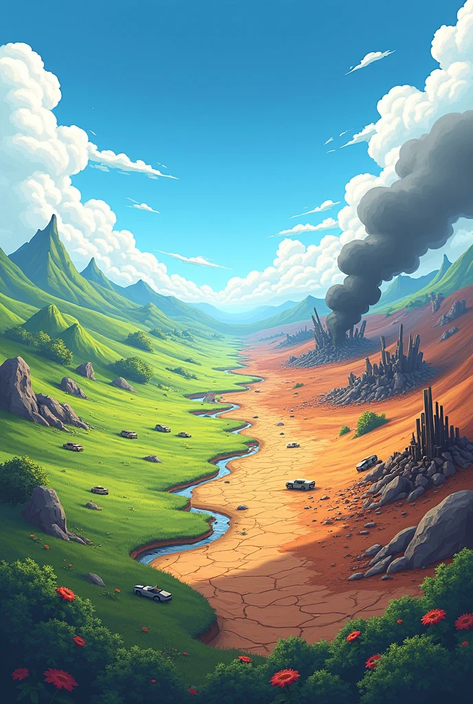Create a normal landscape and in the other half create a very apocalyptic apocalyptic landscape do it in a cartoon style do it in panoramic mode