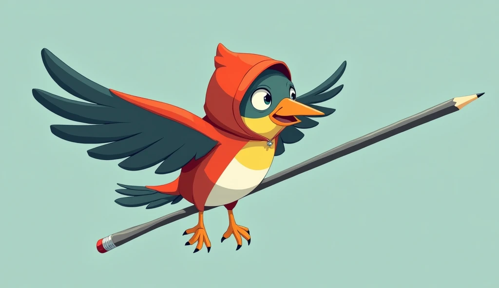 A hooded bird is flying with a long pencil-like tool on its tip
