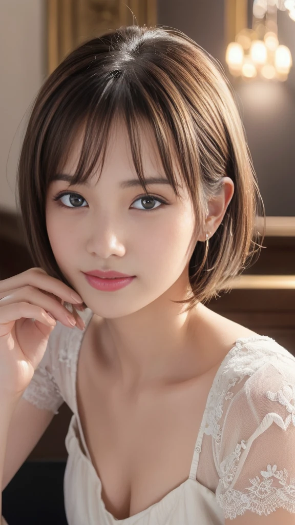 1 young ultra Cute japanese girl,short silver hair,porcelain white skin,slender figure,lacy camisole,sitting in Italian cafe,drinking black tea,beautiful detailed eyes,long eyelashes,charming dropped eyes,lovely smiling lips,extremely detailed face without makeup,(best quality,4k,8k,highres,masterpiece:1.2),ultra-detailed,(realistic,photorealistic,photo-realistic:1.37),HDR,UHD,studio lighting,ultra-fine painting,sharp focus,physically-based rendering,extreme detail description,professional,vivid colors,bokeh,portraits,soft pastel colors,natural lighting,cinematic composition