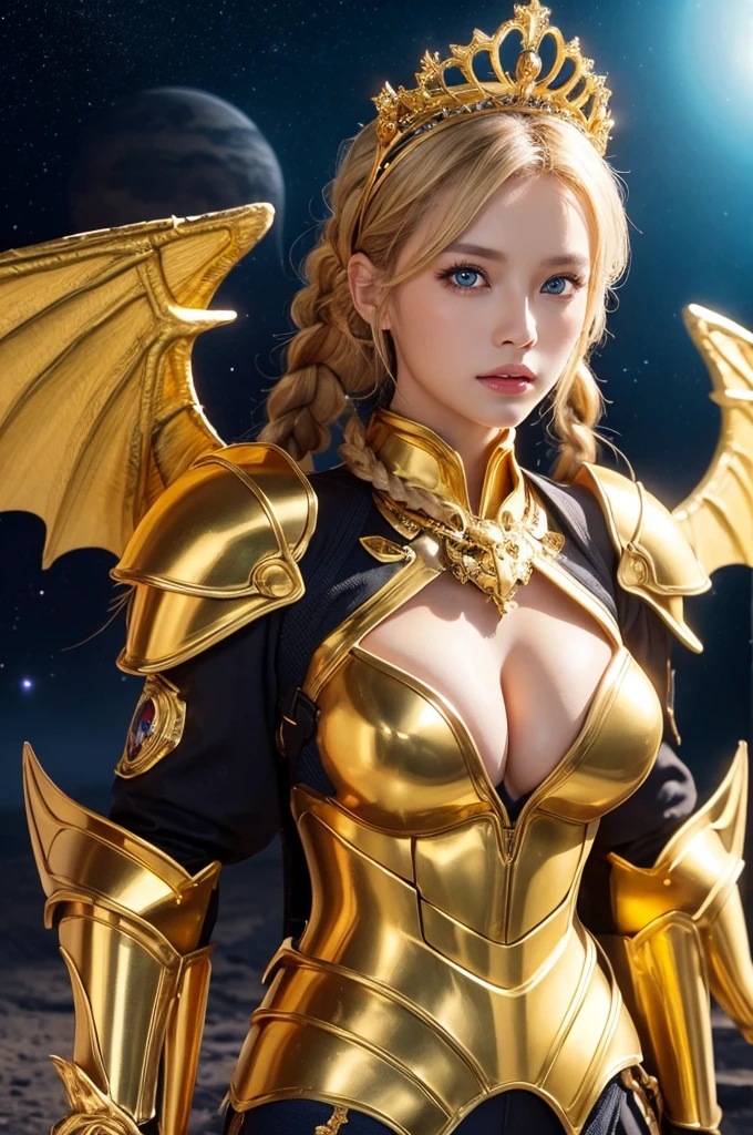 Ultra HD、Ultra-clear、Beautiful Face、Covered entirely in golden armor、Holy warrior in golden armor、Mechanical Golden Wings、Golden Tiara、Golden armor covered in sculptures、Dragon-inspired armor、Heavy golden armor、blue eyes、Blonde、Braided Hair、Big Breasts、beautiful sword、Outer space background、