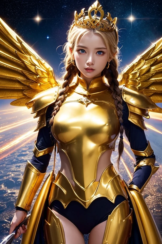 Ultra HD、Ultra-clear、Beautiful Face、Covered entirely in golden armor、Holy warrior in golden armor、Mechanical Golden Wings、Golden Tiara、Golden armor covered in sculptures、Dragon-inspired armor、Heavy golden armor、blue eyes、Blonde、Braided Hair、、beautiful sword、Outer space background、