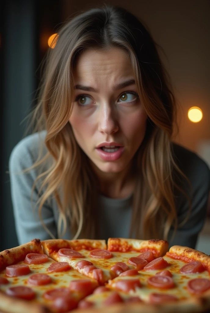a woman adult nervous scared thinking about candy and pizza
