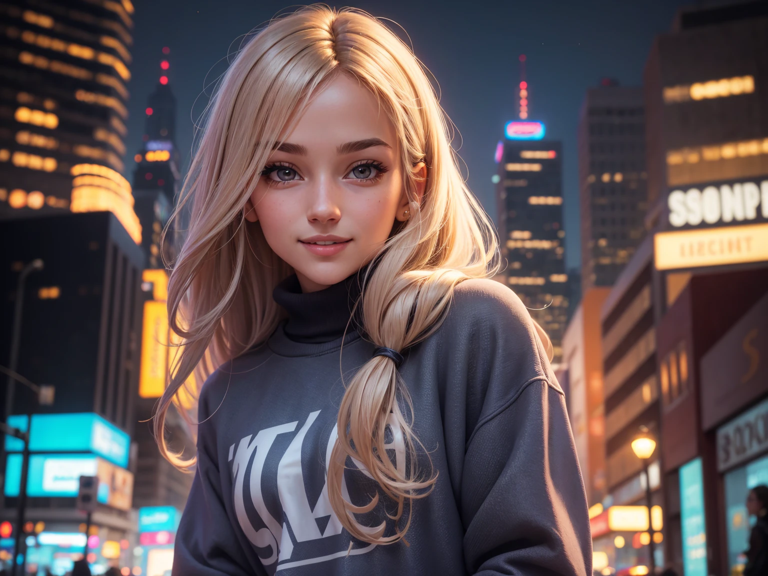 highy detailed: 1,5, high resolution, detailed lines and colors, perfect lighting, face detailed, detailed hair, detailedeyes, detailed nose, detailed lips. an adult and beautiful girl:1,9, wearing a sweatshirt, wearing a sweatshirt, with smile on face, city at night.