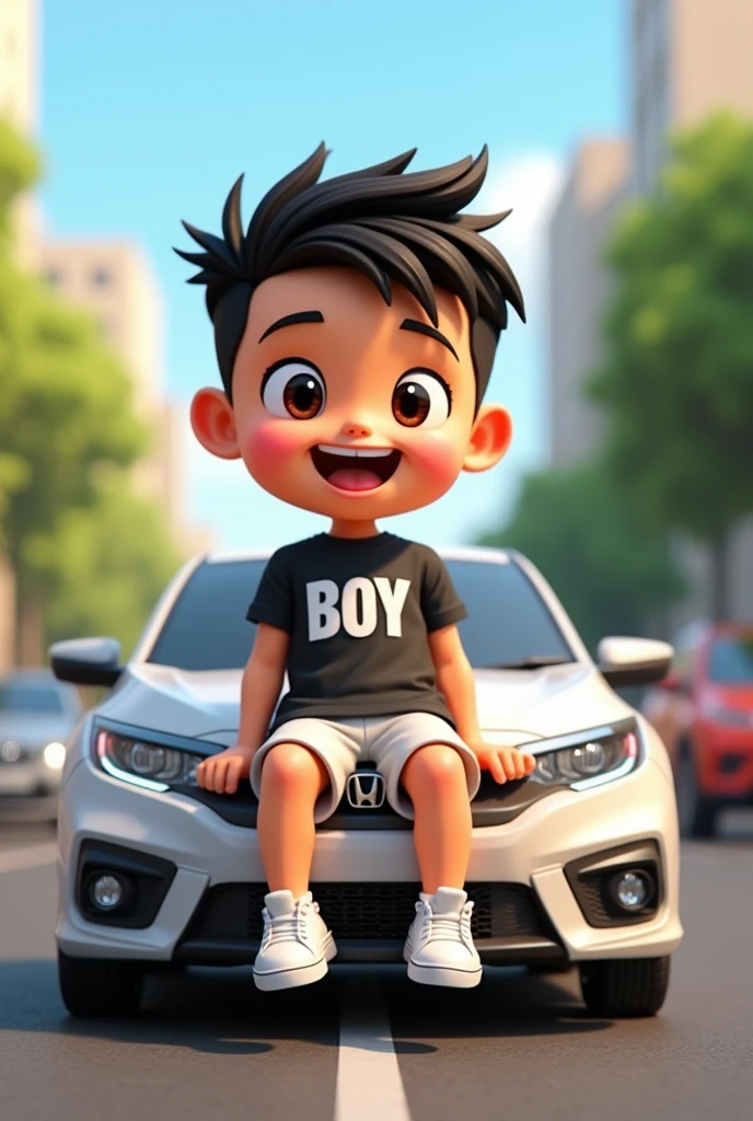 3D Indonesian cartoon wearing a black shirt with writing " BOY " white shorts wearing white shoes sitting on a civic car