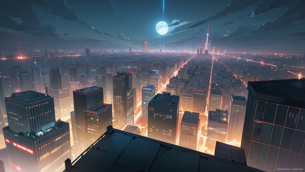 night view of a city with a full moon in the sky, a detailed matte painting inspired by Krenz Cushart, trends at CGSociety, conceptual artwork, anime cityscape hd, city rooftop, krenz cushart and artem demura, octane rendering. por Makoto Shinkai, mirrors edge art style, anime style cityscape, urban concept art