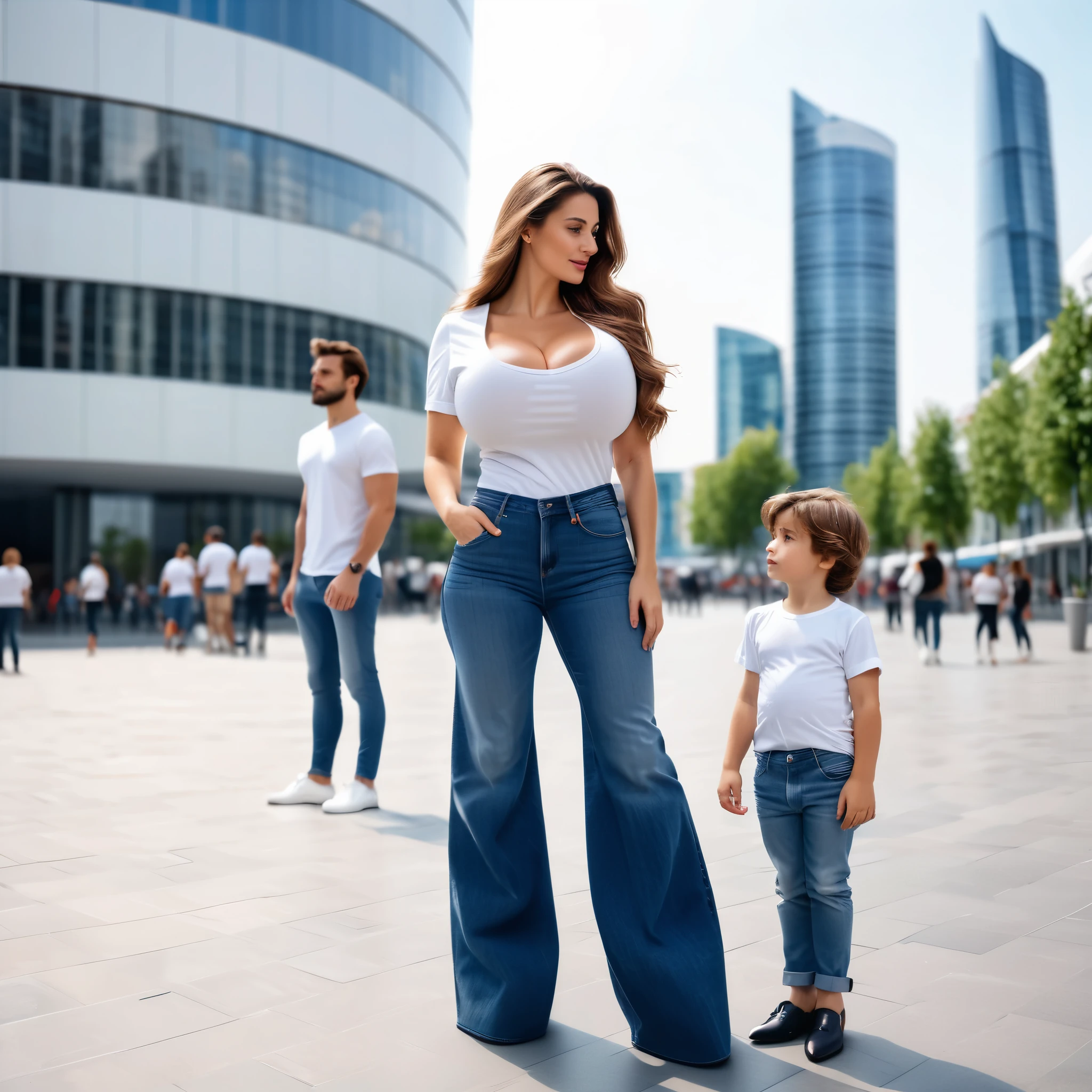 stock photo, extremely high quality, 8k, cinema style, (((whole body in picture))), 28yo attractive elegant lady, Eleonora Pavinat, wide hips, sportive figure, very long hair, cozy, casual, film grain, analog, (gigantic saggy oversized breasts:1.6), white t-shirt, jeans trousers, high heels, (((talking to a  boy))), both persons standing in a modern city, both persons shown from the side