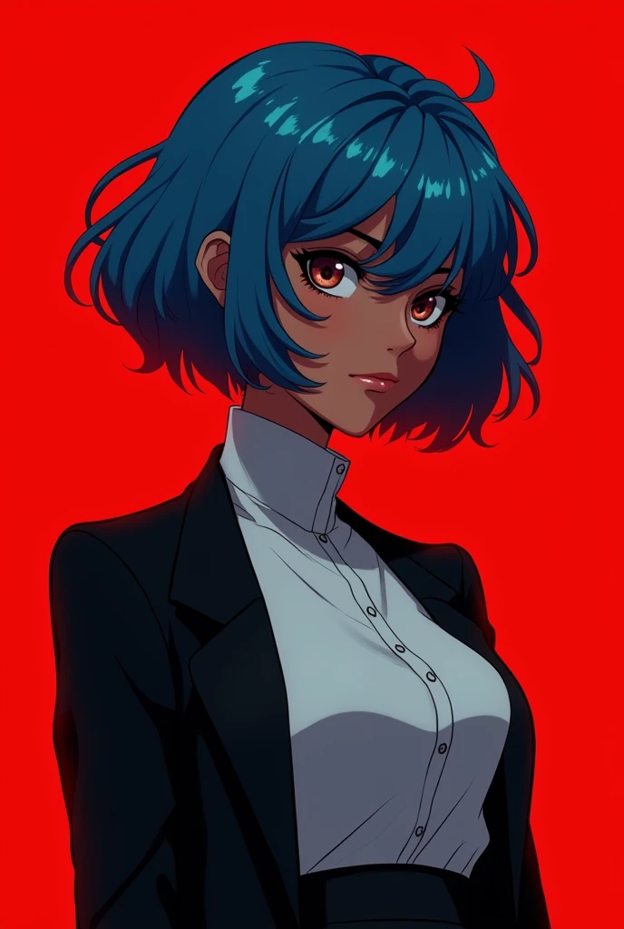Teenage black girl with short wavy hair of blue hair color and a somewhat tight white elegant shirt and black elegant jacket and would be frowning expression with a red background color and slim and high small waist body structure with upturned nose. anime style