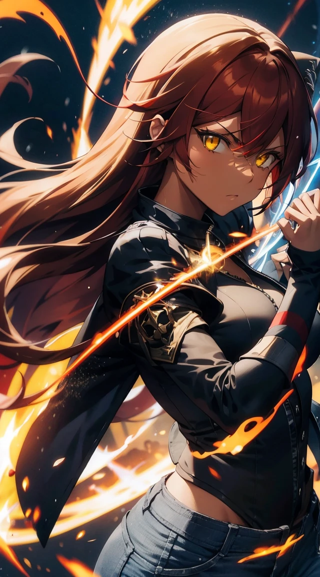 Woman, fight pose, Baddas stare,Hold a red sword with a blue flame emblem, red long   hair, yellow eyes, yellow short shirt, black long pants jeans, black Jacket sweater ,In the middle of the shirt there is an omega symbol,HD lighting and dark )<=(epic image quality)dark atmosphere with bright particle light(many effects in background) , red hair, yellow eyes, dark skin 