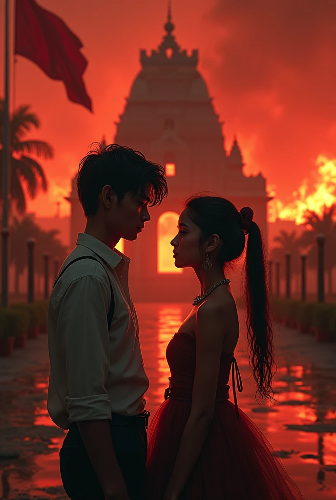 Background red blood And very bring temples and burning temple a scene . Cute girl and handsome cute boy stylish dress very sad couple . This scene write "Save Bangladeshi Hindus " national flag Bangladeshi couple