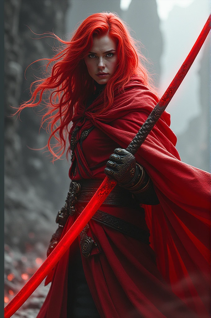 Red hair red and white clothes red sword black and white man