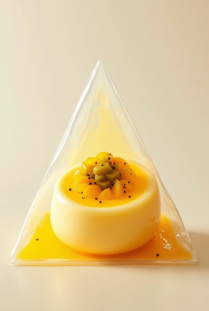Design an image of a more normal passion fruit dessert on a triangular, clear plastic package, You can do it as if it were from Colombia?