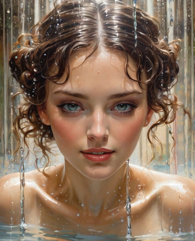 (masterpiece) situation in the shower, 1 woman, ethereal and beautiful Hugo Boss model from the 1940s.., Beautiful painting with a very detailed face by Alphonse Mucha.., Craig Mullins, Greg Rutkowski, Magali Villanueva, (The most beautiful portrait in the world:1.5), woman bathes under drops of water, Without clothing, everything is seen (body to knees:1.6), smile, knees slightly apart, romance, eyes are open, flirty look