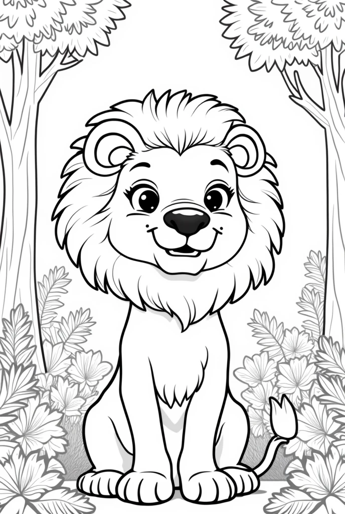coloring book of a lion in the forest, cartoon-like, linhas grossas, uncolored, white background, just traces