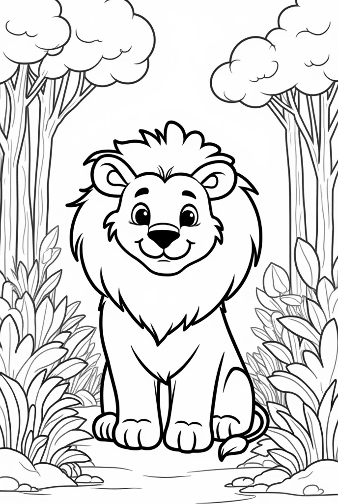 coloring book of a lion in the forest, cartoon-like, linhas grossas, uncolored, white background, just traces