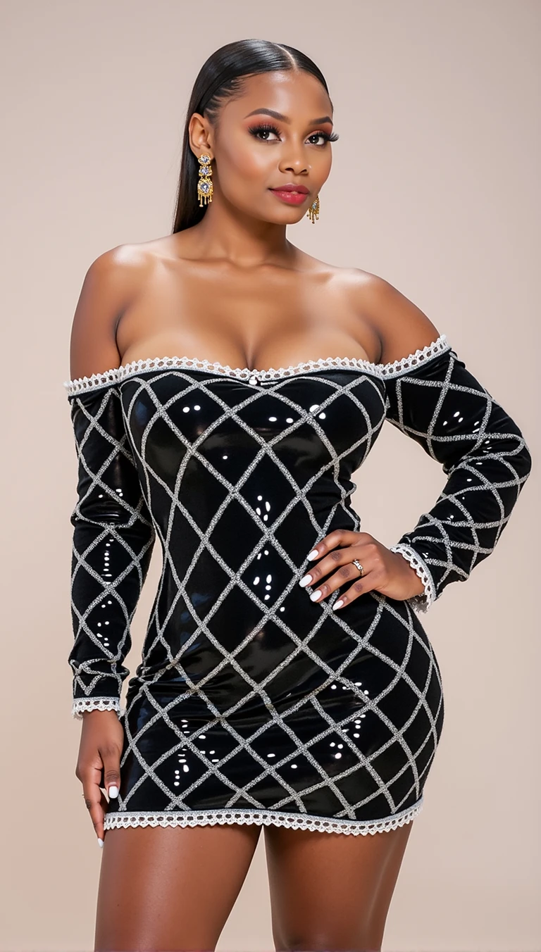 1girl, epiCRealism, Cinematic still, (((striking facial features))), Charming African-American Woman, (((black woman))), (((Neutral face))), (((Undercut hair))), (((very dark skin))), (((busty black womans))), (((boxum girl))), (((big tits pressed together))), (((Afro hair ))), makeup, (((wearing Blazer))), (((wearing Pencil skirt))), (((Tao Splash earrings gold))), (((focus on face))), good white balance, (two cinematic sources of light in opposite directions), (two volumetric sources of light in opposite directions), (natural shading), (((dans un espace vide avec une sphère rouge en arrière-plan))), (((photo en noir et blanc avec seulement la sphère rouge en couleur))), shot on Hasselblad X2D 100C, 80mm lens, depth of field, bokeh, film grain, vivid color, female poses, expressive female portrait, (((Full body shot)))