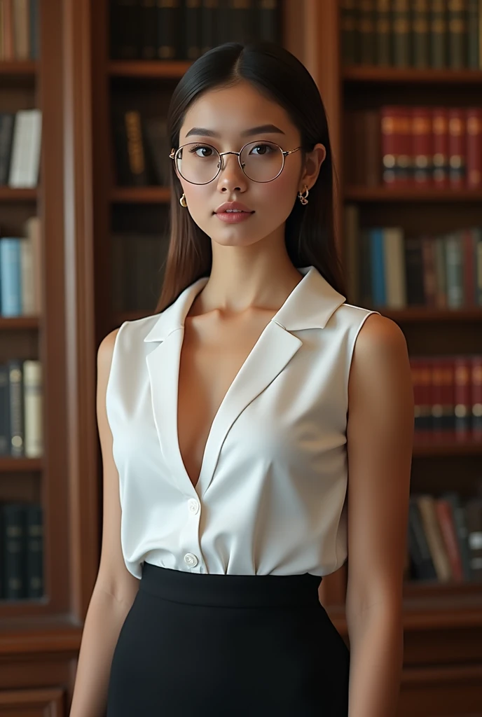 (Highest quality、Tabletop、8k、Award-winning works、Ultra-high resolution、Best image quality)、One beautiful woman、(White polyester sleeveless、Open blouse with buttons:1.3)、(Elegant black tight skirt:1.1)、(Huge breasts:1.2)、(Cleavage:1.1)、(Elegant round glasses:1.2)、library、(Standing Elegantly:1.1)、(Strongly blurred background:1.1)、Stand next to a bookshelf、(Perfectly organized bookshelf:1.1)、Bookshelf in the background、居心地の良いlibrary、lipstick、Long eyelashes、Heavy makeup、Perfect Makeup、Colored contact lenses、Accentuate your body lines、Big ample breasts、Soft and warm lighting、Detailed bookshelf、(Ultra-high resolutionの正確な美しい髪:1.1)、(Accurate anatomy:1.2)、Ultra-high definition beautiful eyes、(Super bright and radiant skin:1.1)