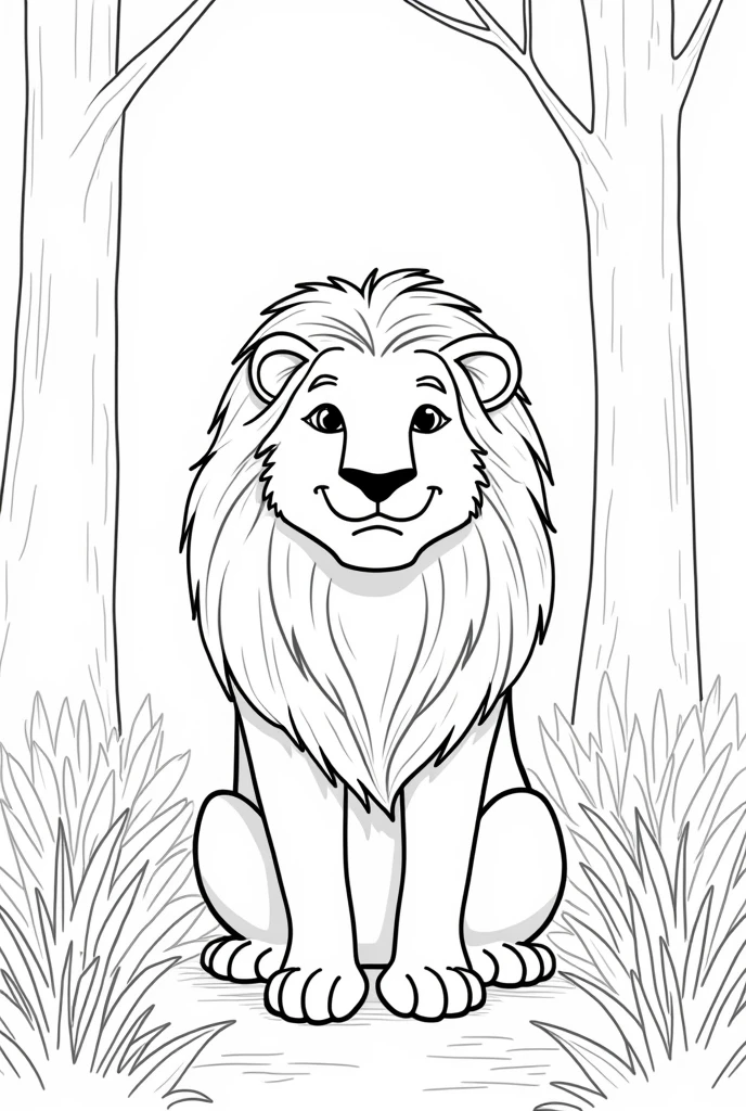coloring book of a lion in the forest, cartoon-like, linhas grossas, uncolored, white background, just traces