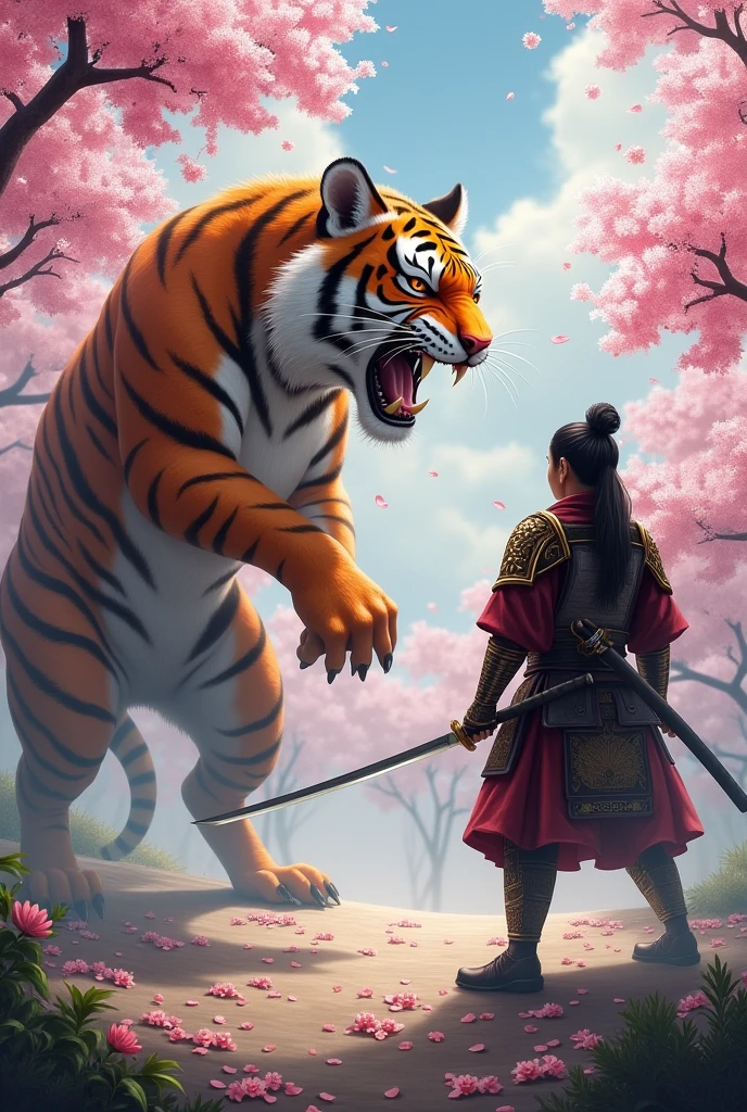 Samurai vs Tiger Man. With sakura trees