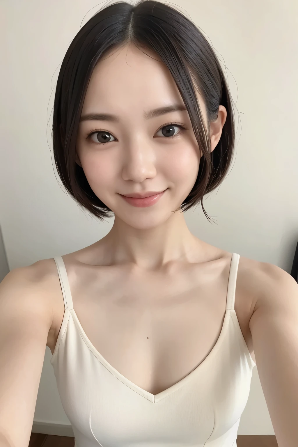 (Highest quality、Tabletop、8k、Best image quality、Award-winning works)、20-year-old woman、(Selfie:1.2)、Large Breasts、The most elegant and graceful woman、Smiling Kindly、Very elegant outfit、(The simplest cream color background:1.5)、(Face close-up:1.2)、Accurate anatomy、(Super bright and radiant skin:1.2)