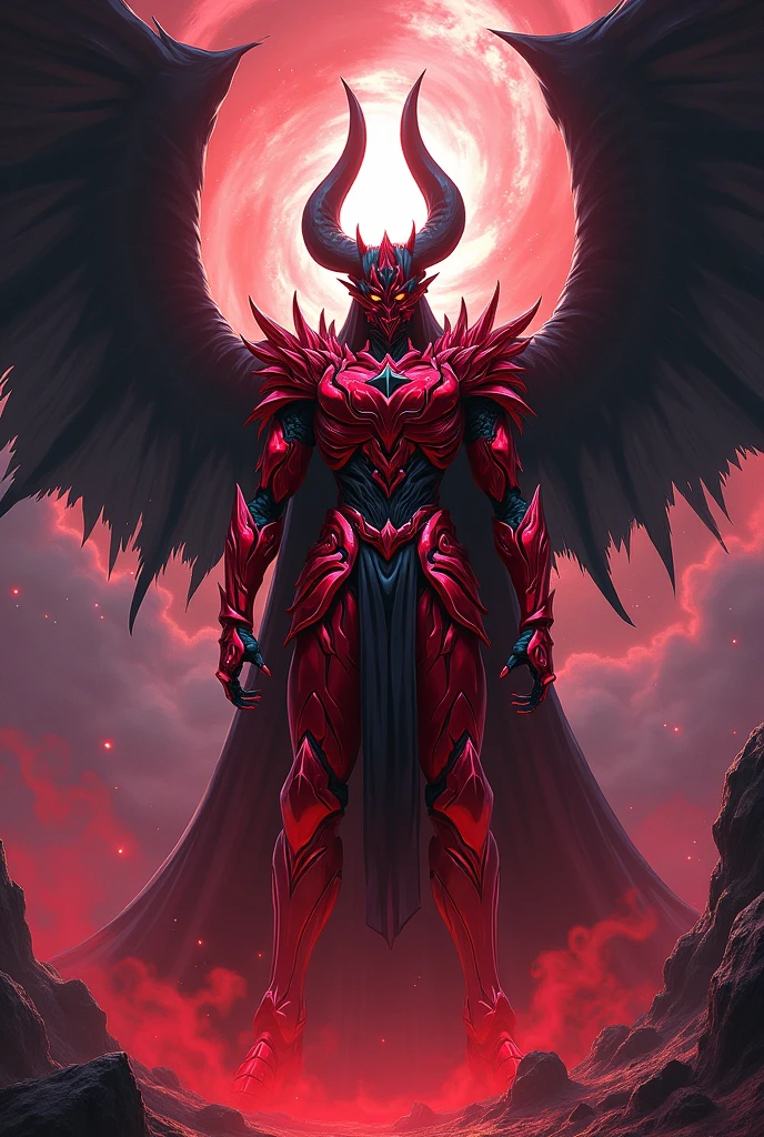 Create an image in the style of Knights of the Zodiac(saint seiya) of the god Chaos and make the armor red, some black parts and black wings too and give him a divine but at the same time evil look.