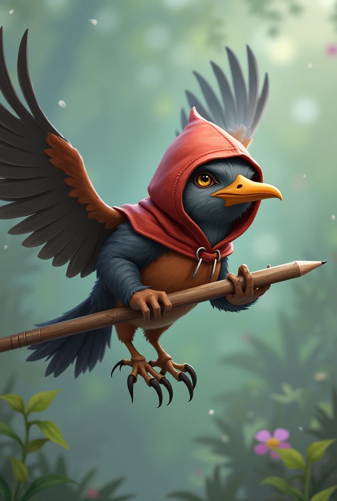 The hooded bird is flying, holding a long pencil-like object with its beak