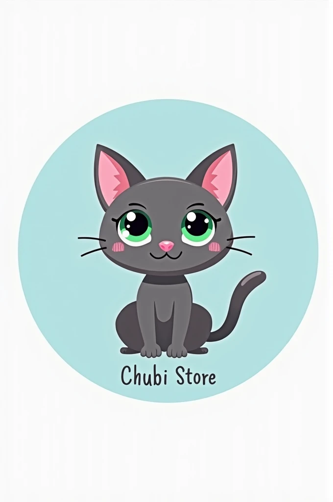 Circular logo for a makeup brand where in the center there is a gray cat with green eyes and the border is light blue and it says Chubi Store
