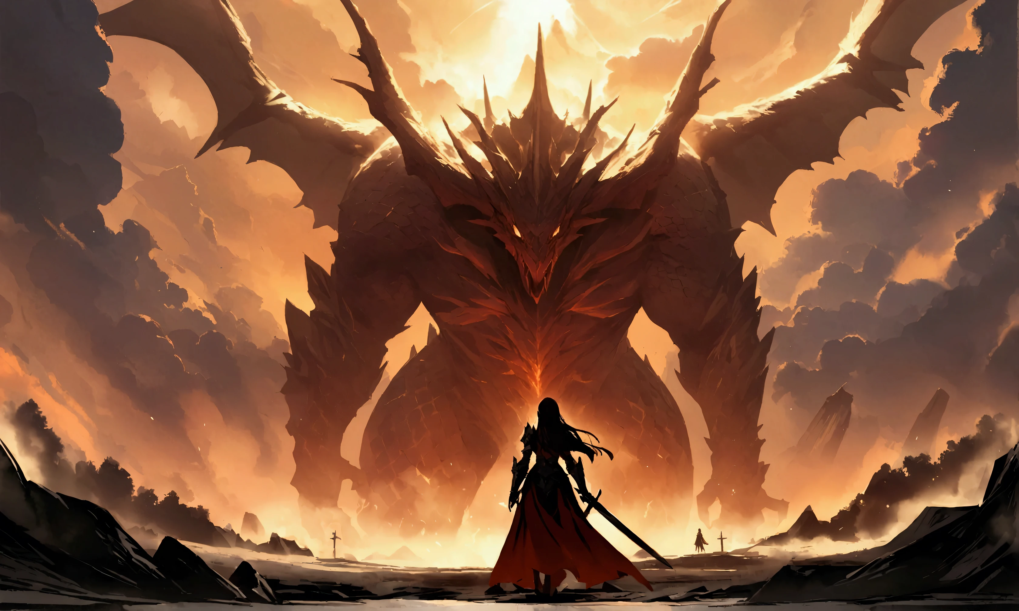 I want a concept art of a cataclysm, where a dragon appears, and the dragon is being faced by a woman with armor and sword, 1 girl, 1 dragon.