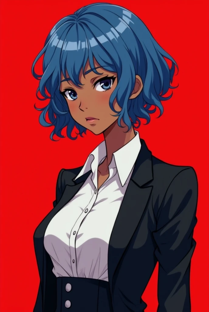  black girl with short wavy hair of blue hair color and a somewhat tight white elegant shirt and black elegant jacket and would be frowning expression with a red background color and slim and high small waist body structure with upturned nose and slanted eyes . anime style