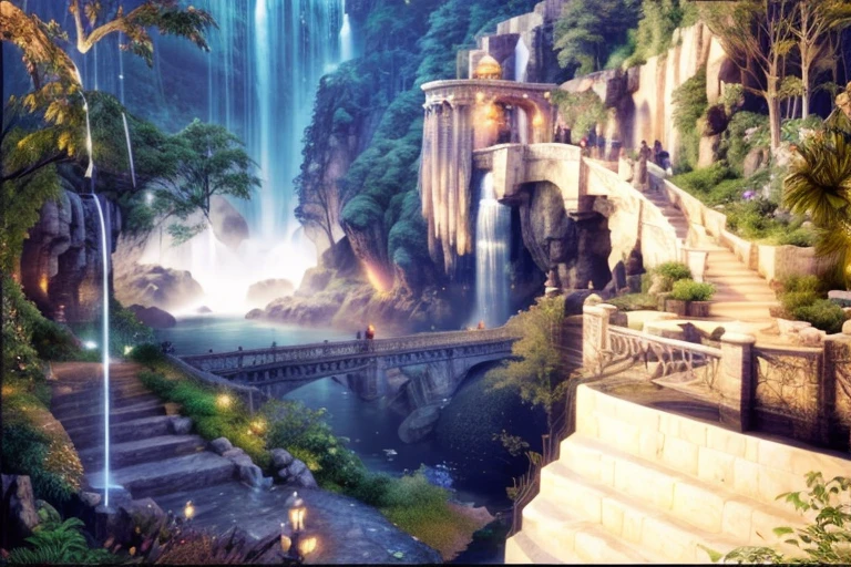 there is a picture of a waterfall in the background with a bridge, rivendell, epic rivendell fantasy, villages , unreal engine, scene where she is in rivendell, medeival fantasy town, elven palace of ghemathar, unreal engine ; romantic theme, unreal 6 breathtaking detailed, realistic unreal engine 3 d game, elven city