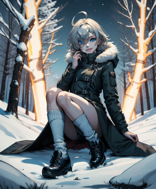 (Masterpiece, Best quality:1.2), Single, 1girl, hair over one eye, Blue eyes, split, nice smile, winter coat (white), shoes, Winter forest, Lights, a night, wolf, Long socks 