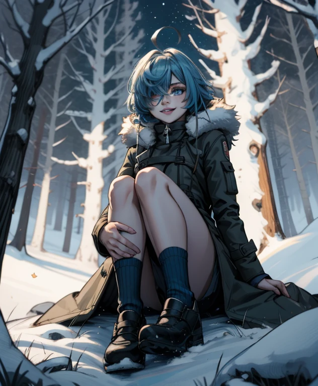 (Masterpiece, Best quality:1.2), Single, 1girl, hair over one eye, Blue eyes, split, nice smile, winter coat (white), shoes, Winter forest, Lights, a night, wolf, Long socks 