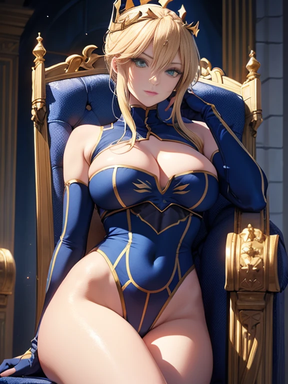 Lancer Artoria, elegant adult  female, blonde, green eyes, (yellow eyelashes), crown, turtleneck, cleavage cutout, sleeveless, blue leotard, elbow gloves, gauntlets, blue thigh, elegantly (sit on throne), throne room, close-up protrait, high resolution, extremely detail 8k cg