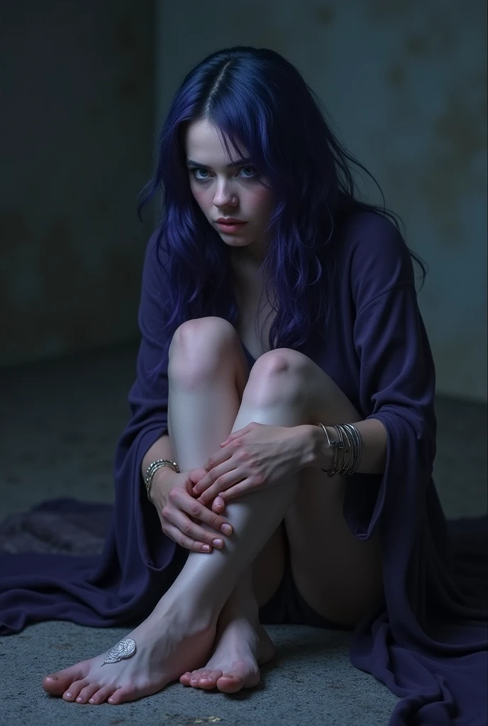 create an image of the character Raven from the Titans series played by actress Teagan Croft, sitting with bare feet showing the soles