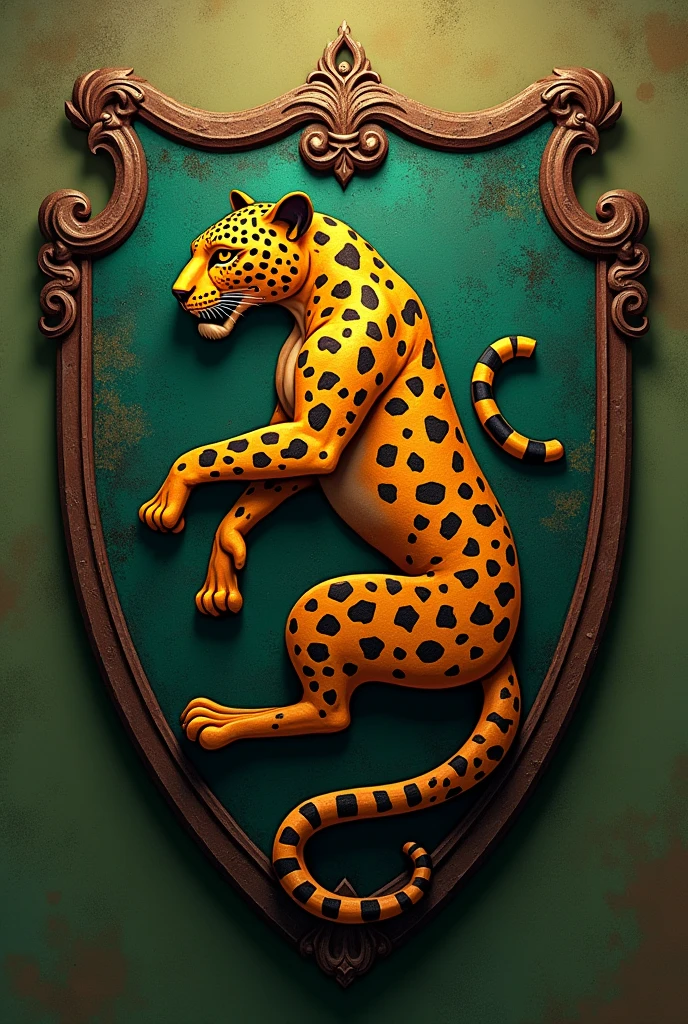 A shield of a leopard with green and brown colors