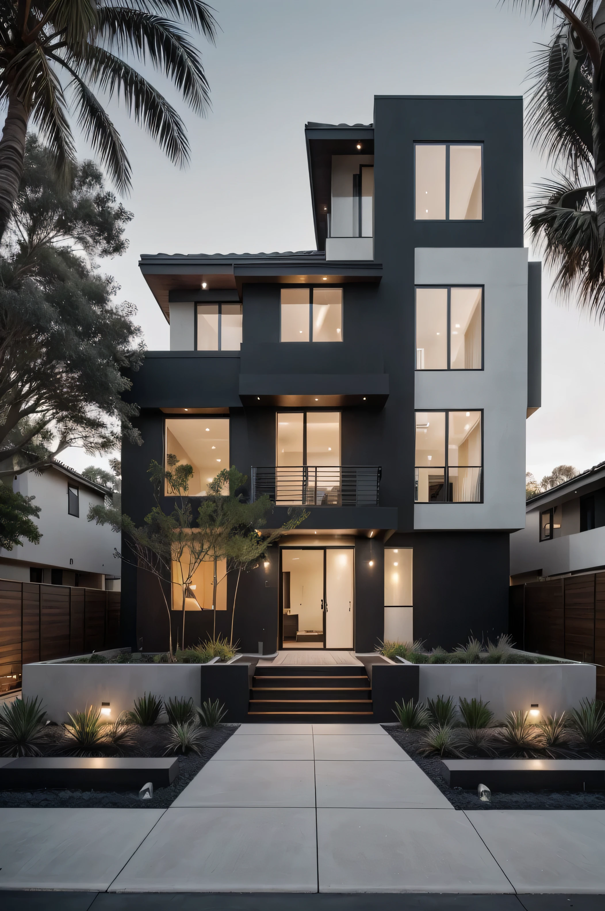 A modern, two-story house with a flat roof and clean lines. Dark exterior with large glass windows and wooden accents. Illuminated by warm spotlights at dusk. Palm trees in the foreground. Minimalist landscaping with gravel and low-lying plants.

Additional details to consider:

Style: Modern contemporary
Color palette: Dark exterior (black, charcoal), warm wood tones, white accents
Lighting: Warm, ambient lighting, spotlights highlighting architectural features
Surroundings: Lush greenery, possibly near a body of water
If you want to experiment with different styles or perspectives, you could try:

Art style: "in the style of architectural photography"
Perspective: "aerial view" or "interior shot"