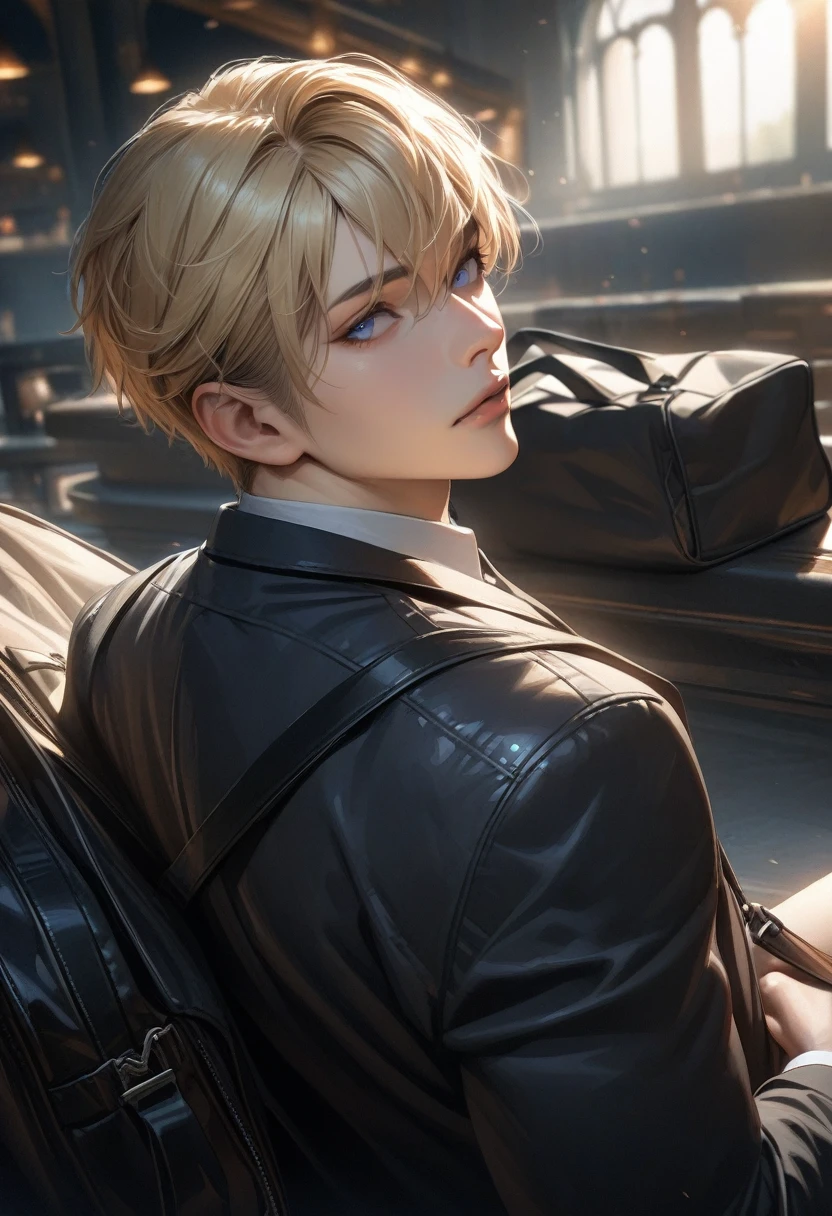 masterpiece, best quality, Super detailed, High Definition, HdR, realistic, depth, fine texture, super fine, Complete concentration, Pale man with blond hair and a muller cut, looking over his shoulder, posing on the back, wearing a black jacket, formal black bag, Beautiful man, Young man, blue eyes 
